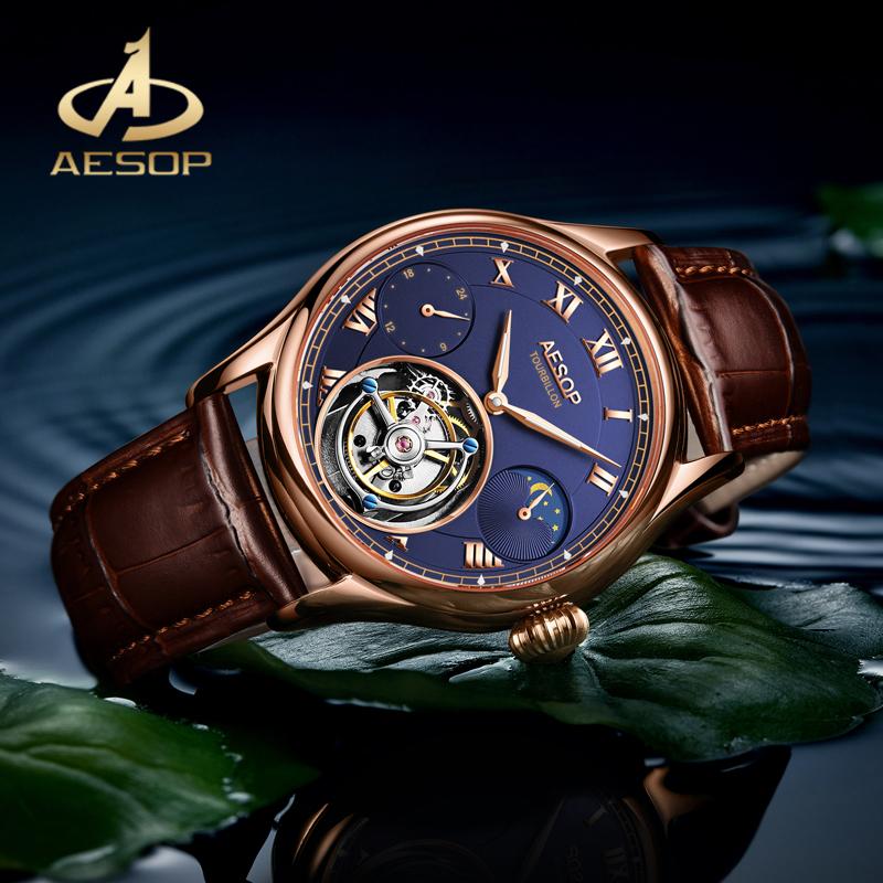 

Wristwatches AESOP Sapphire Glass Waterproof Watch Real Tourbillon Mechanical Mens Wristwatch Moon Phase Multifunction Men, 702005