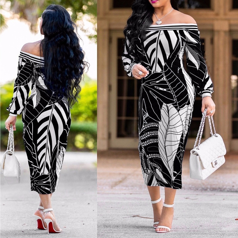 

off shoulder sexy -5XL plus size leaf midi dresses summer spring bishop sleeve boho long dress female women long floral dress, Black