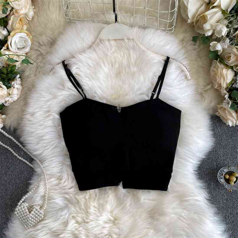 

Summer Black Spaghetti Strap Sleeveless Crop Top Sexy Streetwear Women Fashion Zipper up Padded Backless Camis Tank Clubwear 210603
