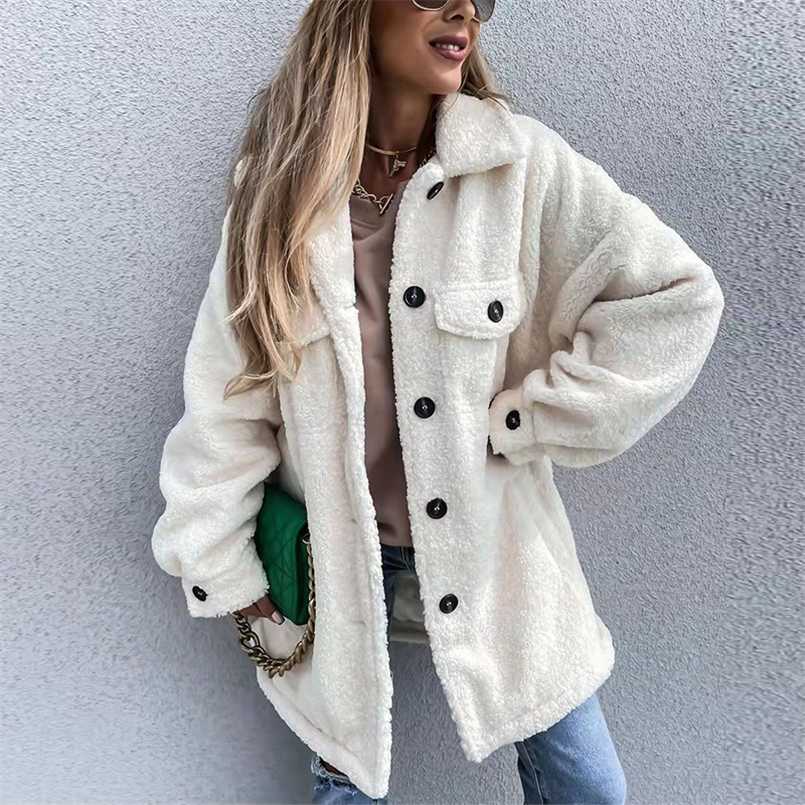 Femmes Élégant Col Rabattu Bouton Outwear Casual À Manches Longues De Mode Manteau Veste Automne Doux Polaire Chaud Hiver Cardigan Top 211126