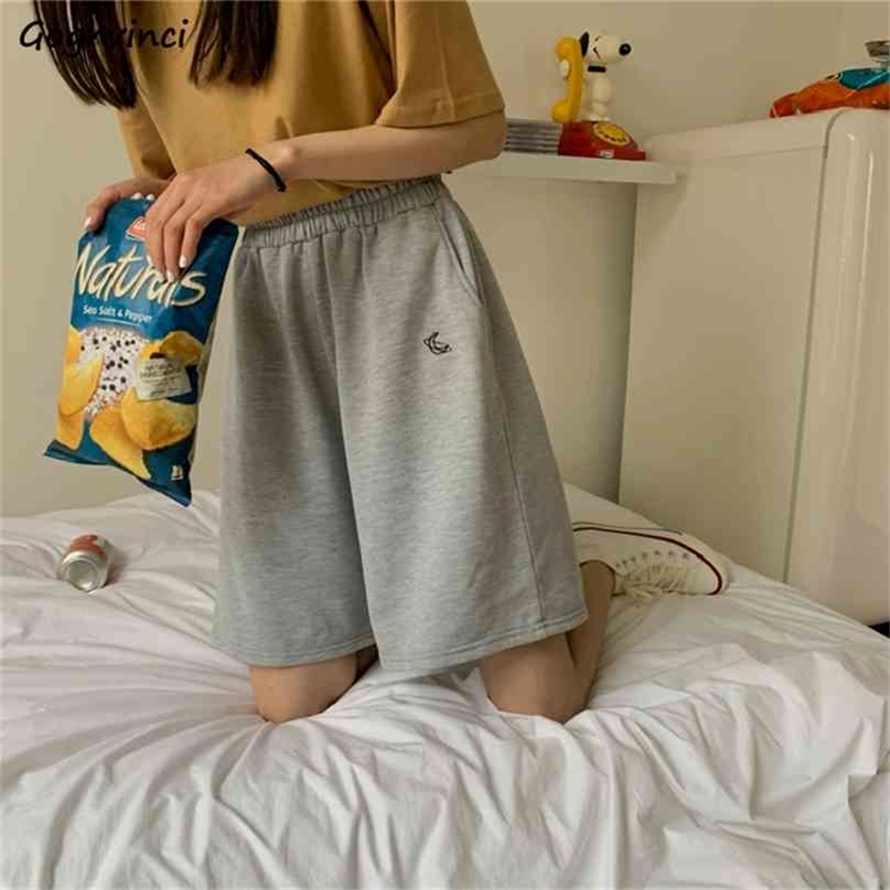 

Shorts Women Summer Loose 3XL Solid Embroidery BF Wide-leg Knee-length Harajuku Casual Simple Ins Trendy All-match Students Chic 210722, Black