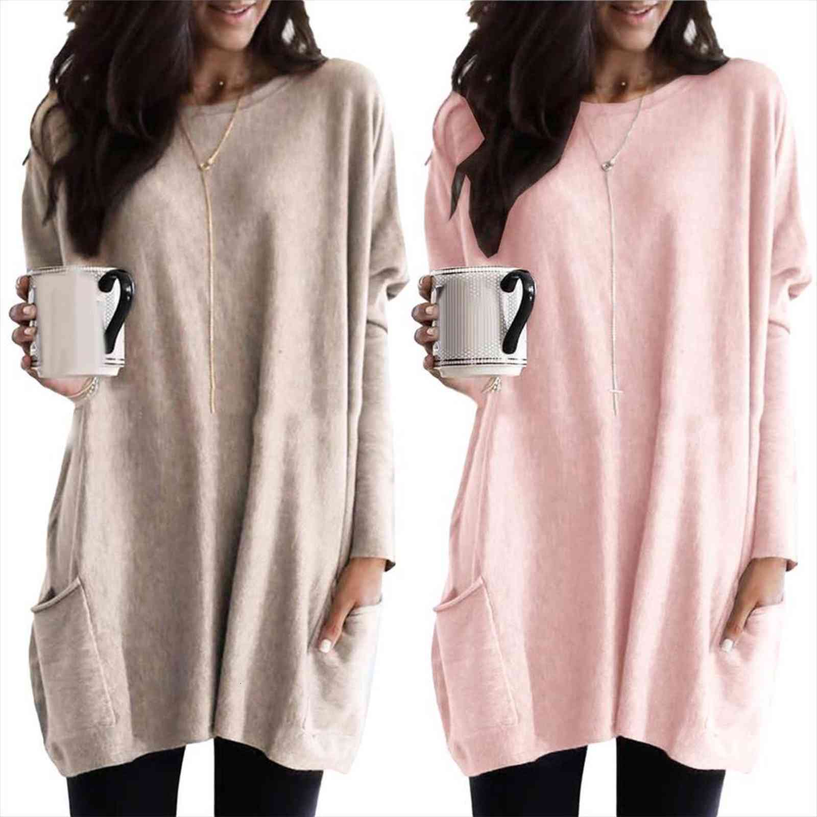 

long sleeve round neck womens shirt pullover loose solid color pocketed tunic top, White