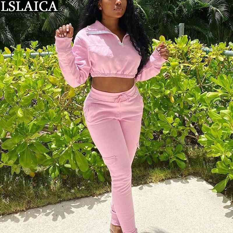 

Long Sleeve Shirt Women Two Piece Set Zipper Turn-down Collar Crop Top and Pants Pink Outfit Streetwear Sweat Suits Autumn 210520
