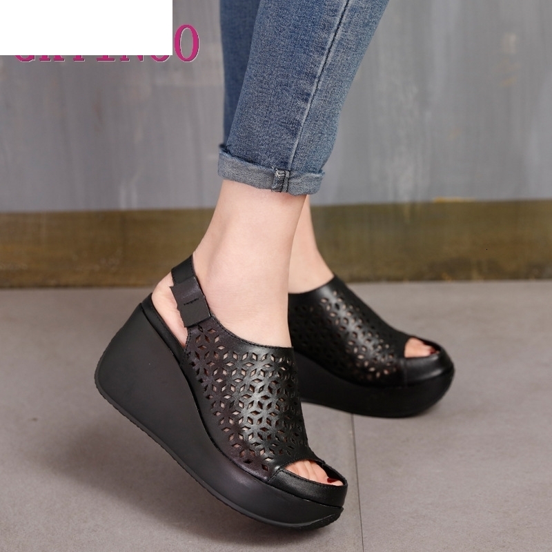 

Sandals Genuine Leather Women Summer Shoes Retro Hollow Out 7CM High Heels Wedge Set Foot 2021 RHEU, Black