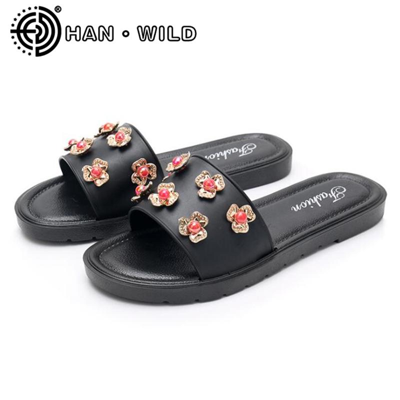 

Slippers 2021 Women Summer Floral Sandals Outdoor Non-slip Beads Slides Ladies Flat Beach Shoes Causal Flip Flops, Black