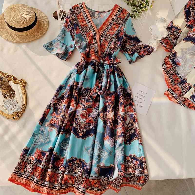 

Retro Women Bandage Boho Dress Summer V-neck Vintage Printed Party Dresses Elegant Ladies Chiffon Long Robe Vestidos 210602
