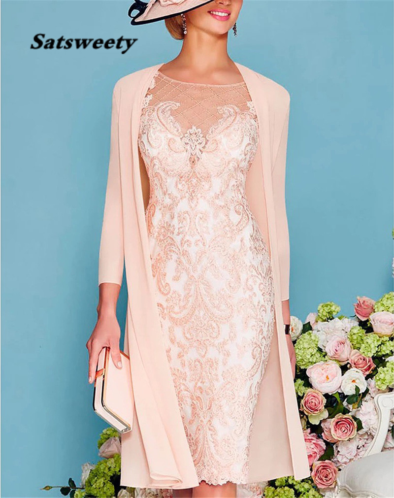 

Pink Luxury Beads Mother of the Bride Dresses 3/4 Sleeves Tea Length Lace Wedding Dress with Jacket Formal Evening Gowns