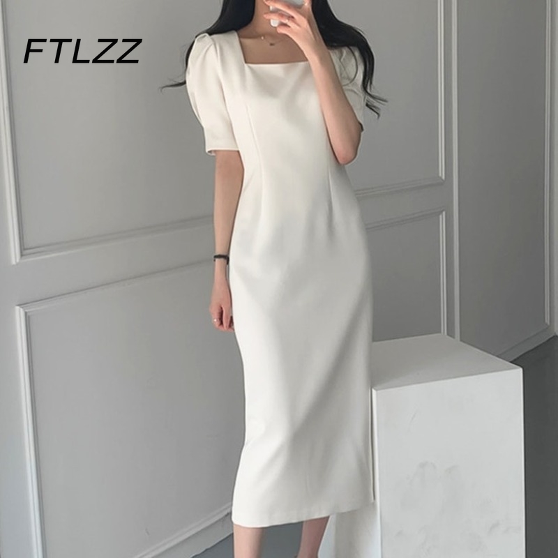 

Summer French Elegant Office Dres Vintage Puff Sleeve Square Neck Work Midi Dresses Laides White Korean Long Robe Vestido 210602, Light blue