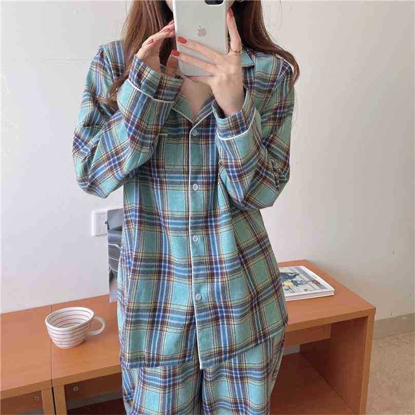 

Fashion Oversize All Match Plaid Homewear Two Piece Suit Loose Nightwear Sweet Chic Casual Pajamas Sets 210525, Men