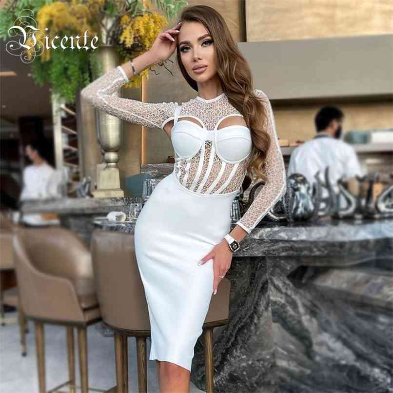 

Chic Lace Splicing Long Sleeves Sexy Backless Celebrity Party Club Bandage Midi Dress 210520, Black