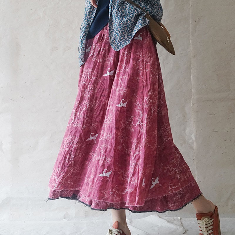 

Johnature Autumn Cotton Linen Retro Print Elastic Waist Double Layer Half Skirt Loose All-match Women Drawstring Skirts 210521, Red