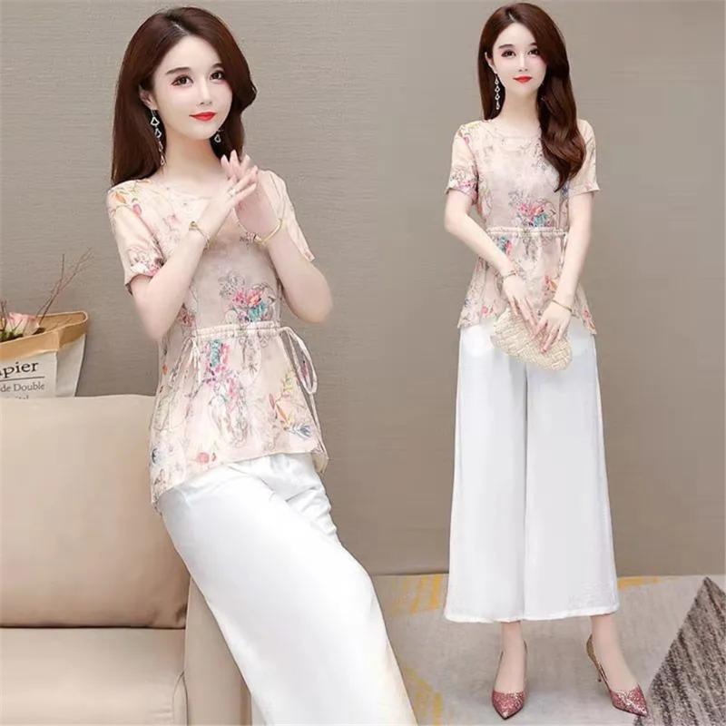 

Women's Two Piece Pants Summer Clothing Suit The Fashion Mid Waist Wide Leg & Print Tops O-Neck Casual 2-Piece, White