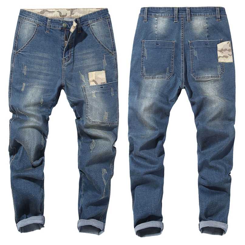 

Autumn Men Camouflage splice Slim Stretch Jeans Classic Multi-pocket cotton male Casual denim Pants trousers Plus Size 44 48 211108, Black