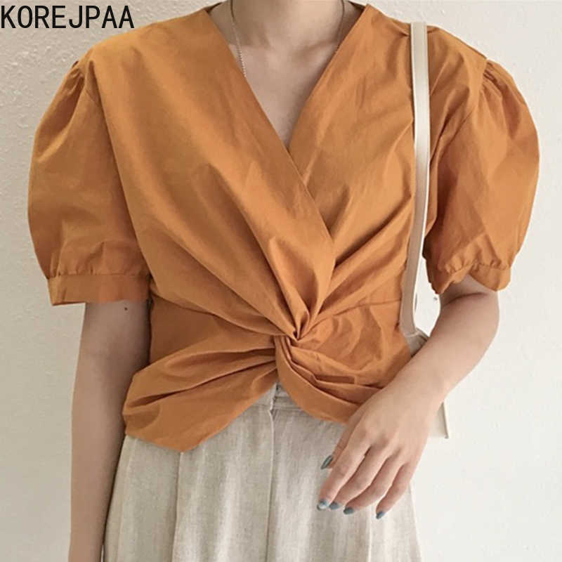 

Korejpaa Women Blouses Summer Korean Fashion Elegant V-neck Cross-kink Design Loose Short Bubble Sleeves Shirt Top Woman 210526, White