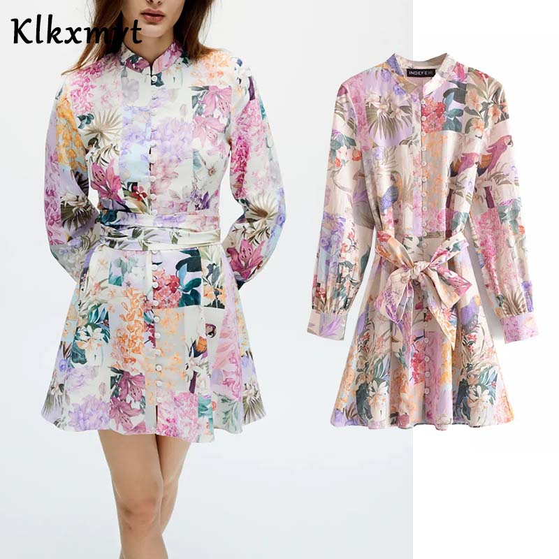 

Klkxmyt Za 2021 Women Vintage Long Sleeve O Neck Floral Print Bow Sashes Shirt Mini Dress Female Chic Slim Button-up Vestidos, Picture color