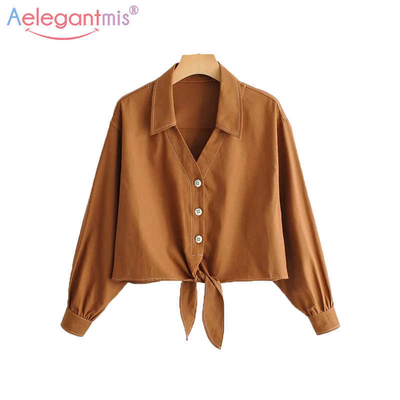 

Aelegantmis Spring Summer Women High Waist Chiffon Blouse Ladies Single Breasted Casual Blouses Office Lady Elegant Shirts Tops 210607, Brown