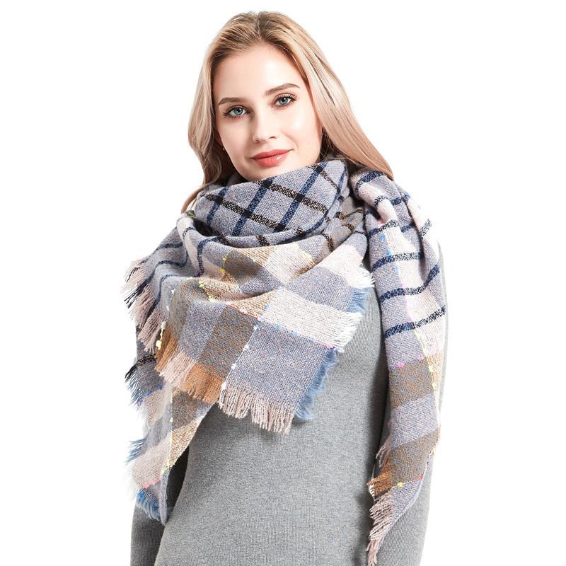 

Scarves Factory Direct Sales Fashion Autumn And Winter Plaid Neck Scarf Ladies 100% Polyester Soft Triangle Shawl Keep Warm, Blue;gray