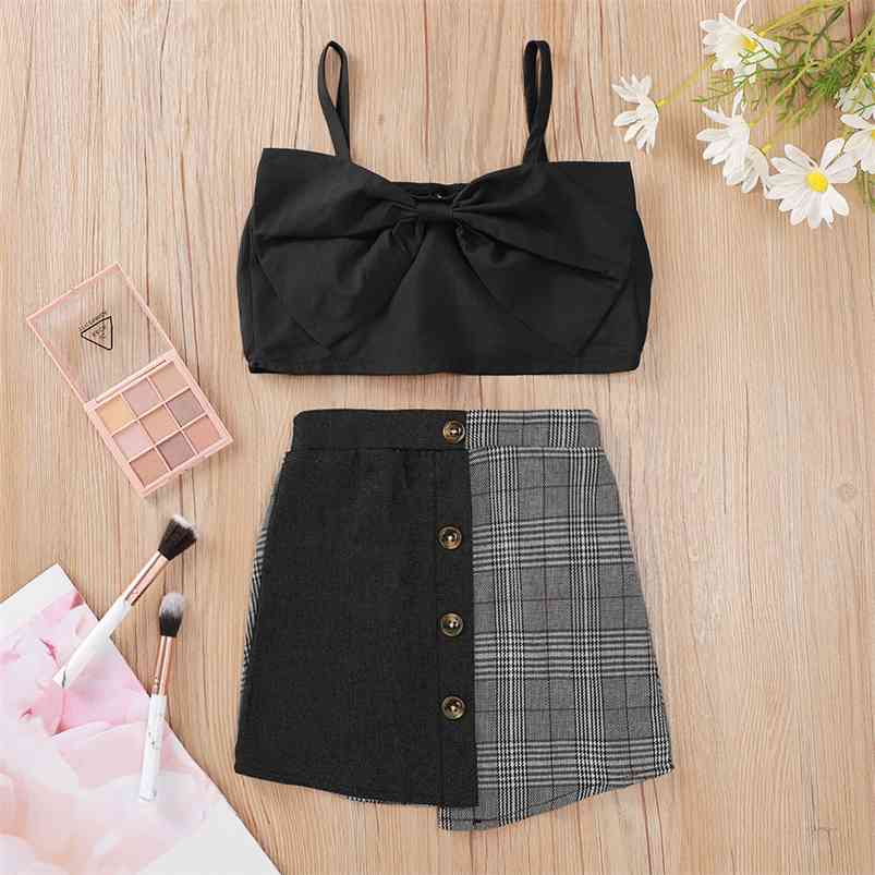 

Summer Children Sets Strap Bow Black Tops Patchwork Plaid Single Breasted Skirt Cute 2Pcs Girls Boys Clothes Set 9M-6T 210629