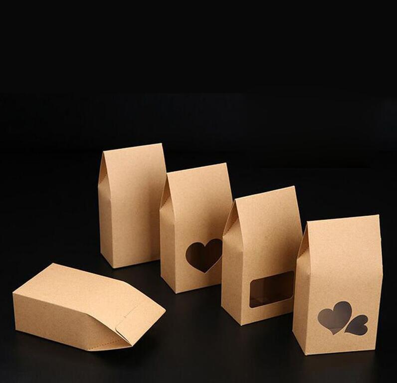 

500pcs/lot 16*8cm Cookies Nuts Gift Packaging Bags Stand Up Kraft Paper Boxes With Heart Shape Clear Window Pocket
