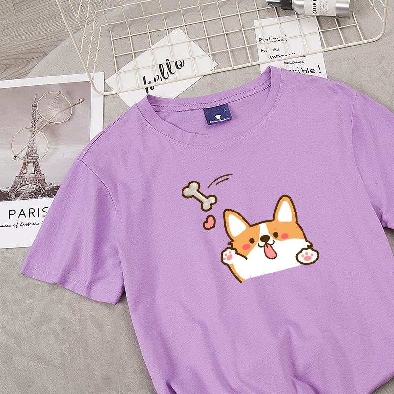 

womens t shirt harajuku kawaii corgi dog print japanese white casual shirts graphic summer purple cotton ladies tee