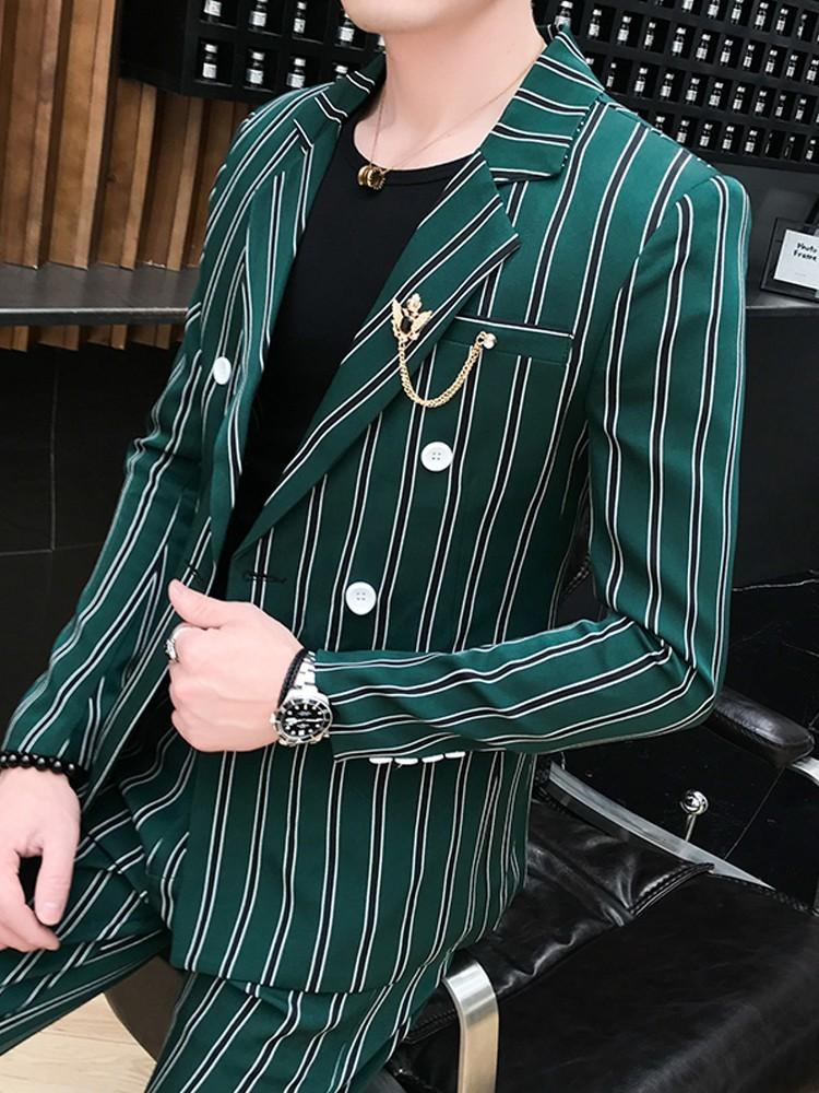 

Men' Suits & Blazers Korean Style Mens Striped Fall Wedding Groom Stripe Busines Formal Suit Costume Mariage Homme Tuxedo Terno Masculino, Green