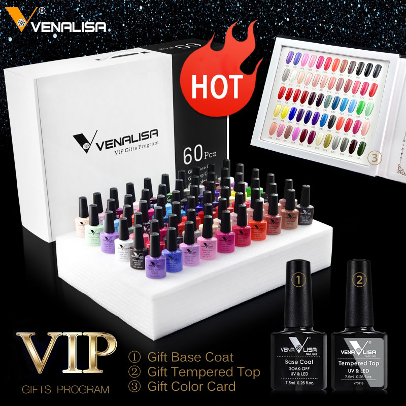 

61508K VENALISA 62pcs Whole Set Nail Gel Kit Color Card Base and No-Wipe Top Coat 60 Colors Polish