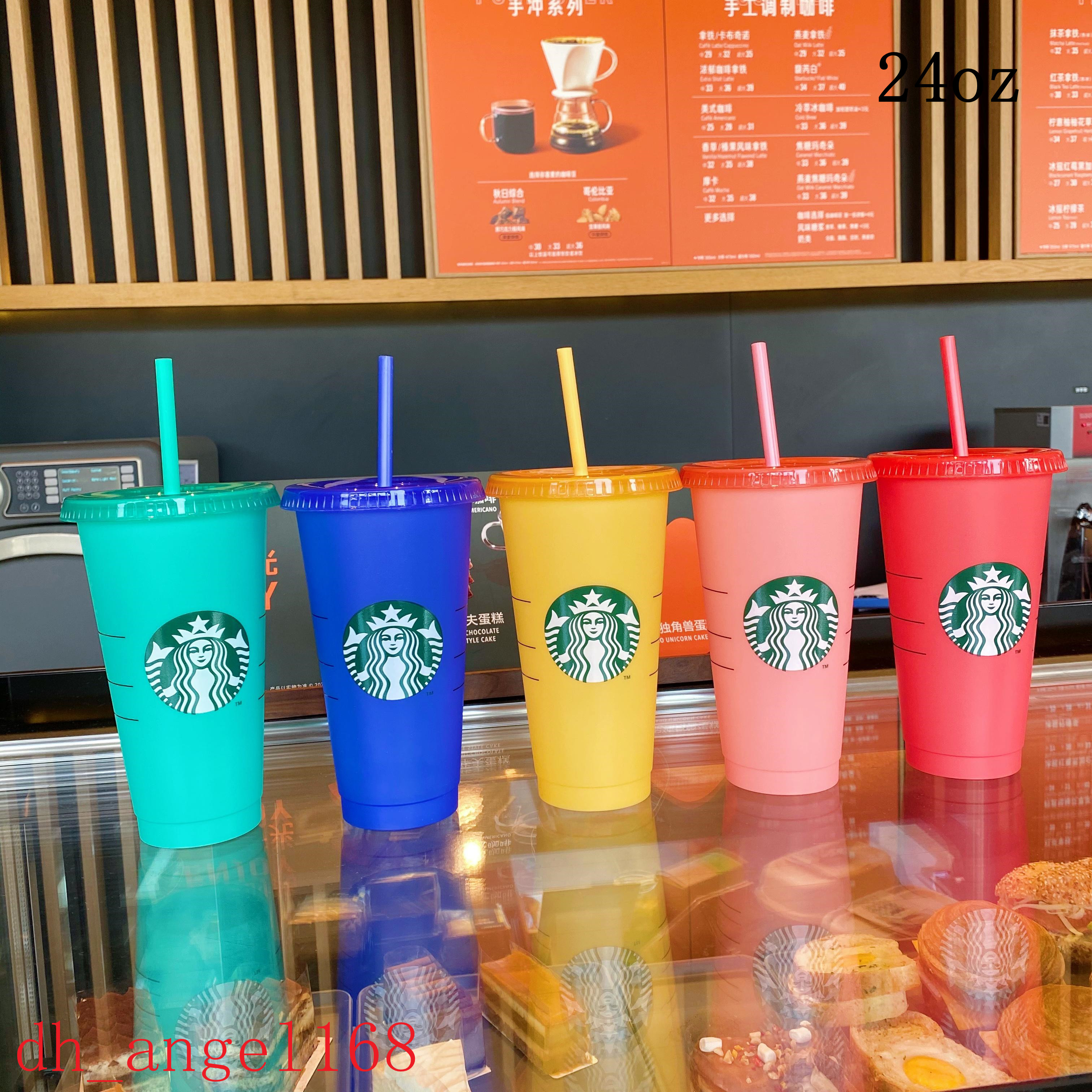 

50pcs Free Starbucks 24OZ/710ml Plastic Tumbler Reusable Clear Drinking Flat Bottom Cup Pillar Shape Lid Straw Mug Bardian flash discoloration multicolor, As shown