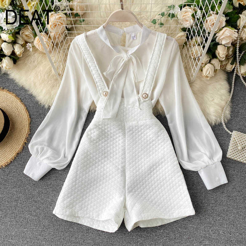 

DEAT Women White Overalls Shorts Arrivals Round Neck Lantern Sleeve Two Piece Set Fashion Spring Summer 11D012 210709