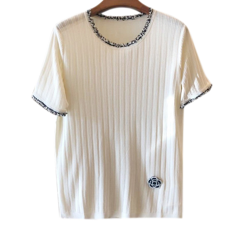 

325 2021 Spring Summer Brand Same Style Sweaters High Quality Crew Neck Short Sleeve Pullover Striped Sweater Women Clothes DL, White;black