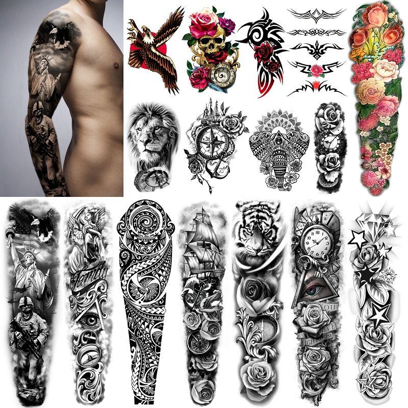 Metershine 16 Sheets Full and Half Arm Waterproof Temporary Fake Tattoo Stickers of Unique Imagery or Totem Express Body Art for Men Women-image-692066520