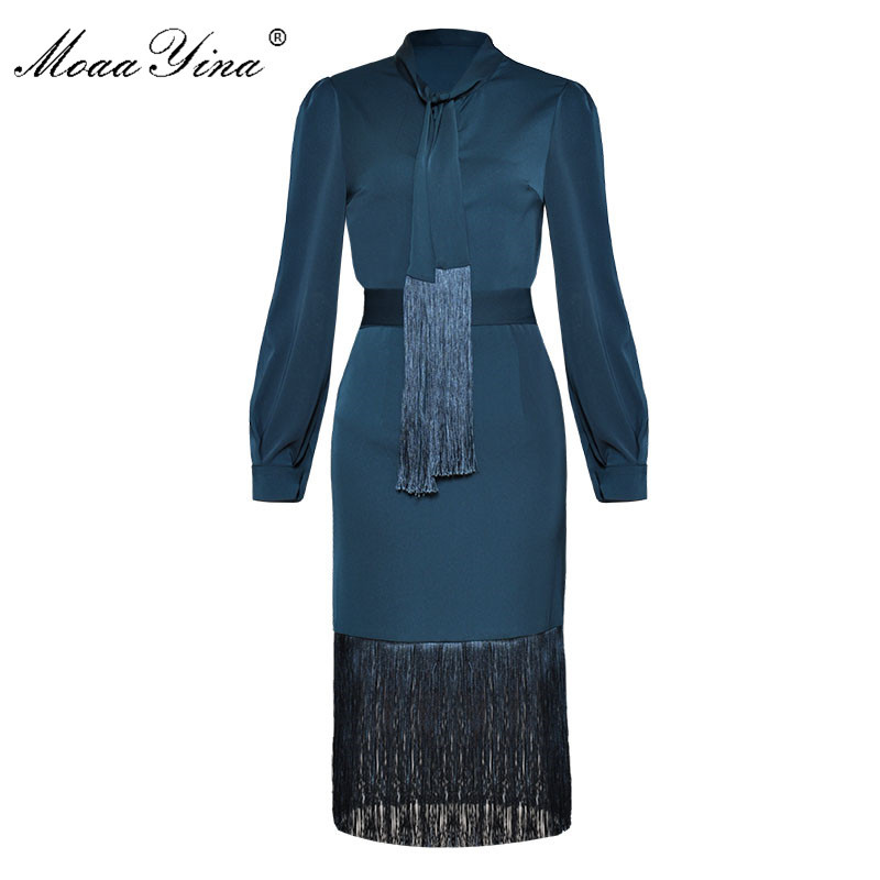 

Fashion Career Office Two-piece suit Spring Women Bow colla Elegant Shirt Tops+Sexy Package buttocks Tassel skirt Set 210524, Green