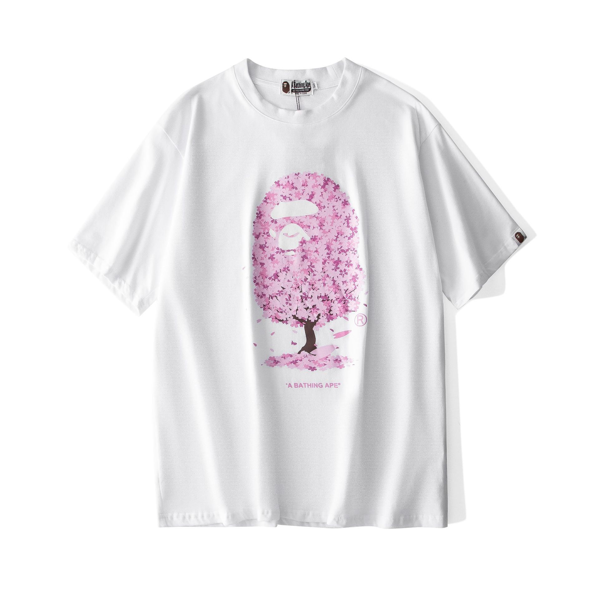 

Top fashion brand BAP ape head pink floral trend men's and women's same high definition printing Casual Short Sleeve half sleeve T-shirt, White;black
