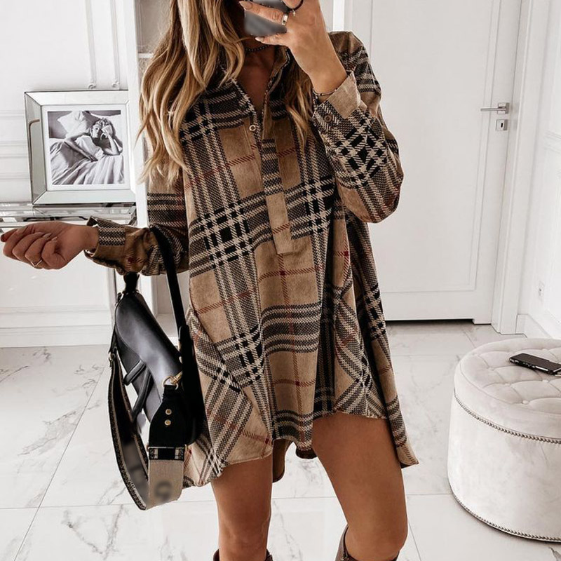 

2021plaid printed irregular women a-line mini dress long sleeve turn-down collar button female dresses spring loose ladies clothes, Black;gray