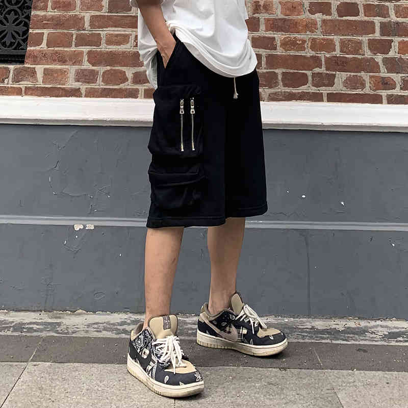 

Zipper Pockets Retro Cargo Shorts Mens Drawstring Oversize Terry Casual Summer Short Loose Straight Solid Baggy Five Point Pants, Black