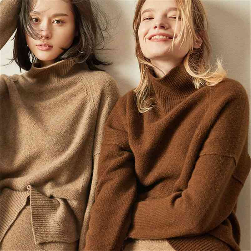 

Turtleneck Knitted Pullovers Sweater Female Long Batwing Sleeve Solid Sweaters Women Winter Loose Casual Jumper Ladies 210524, Caramel colour