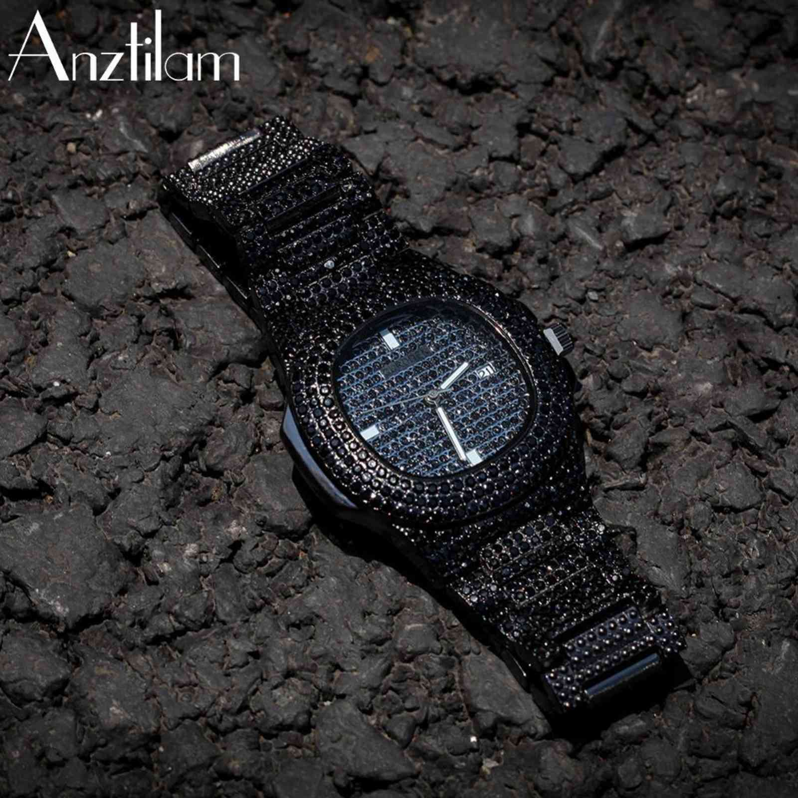 

Classic Bling Iced Out Hip Hop Watch Gold Color Quartz Watches For Men Luxury Steel Male Clock Masculino, Black