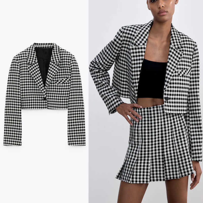 

Za Plaid Cropped Blazer Women Vintage Long Sleeve Shoulder Pads Gingham Blazers Coat Woman Single Button Outerwear Top 210602