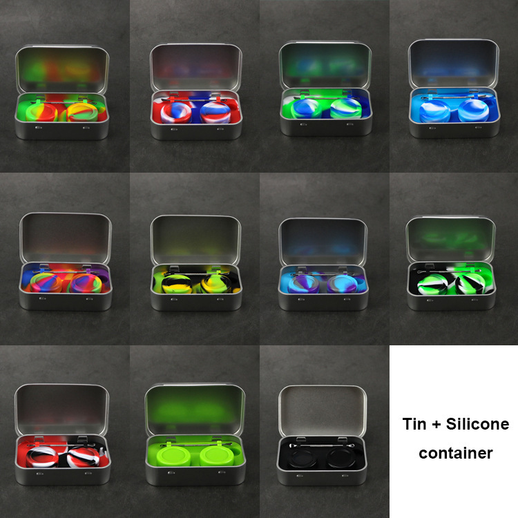 

Silicone Kit Set With 1pcs Tin box 2pcs 5ml Silicone Dab Containers For Wax Dabs jars And Silver Dabber Tool