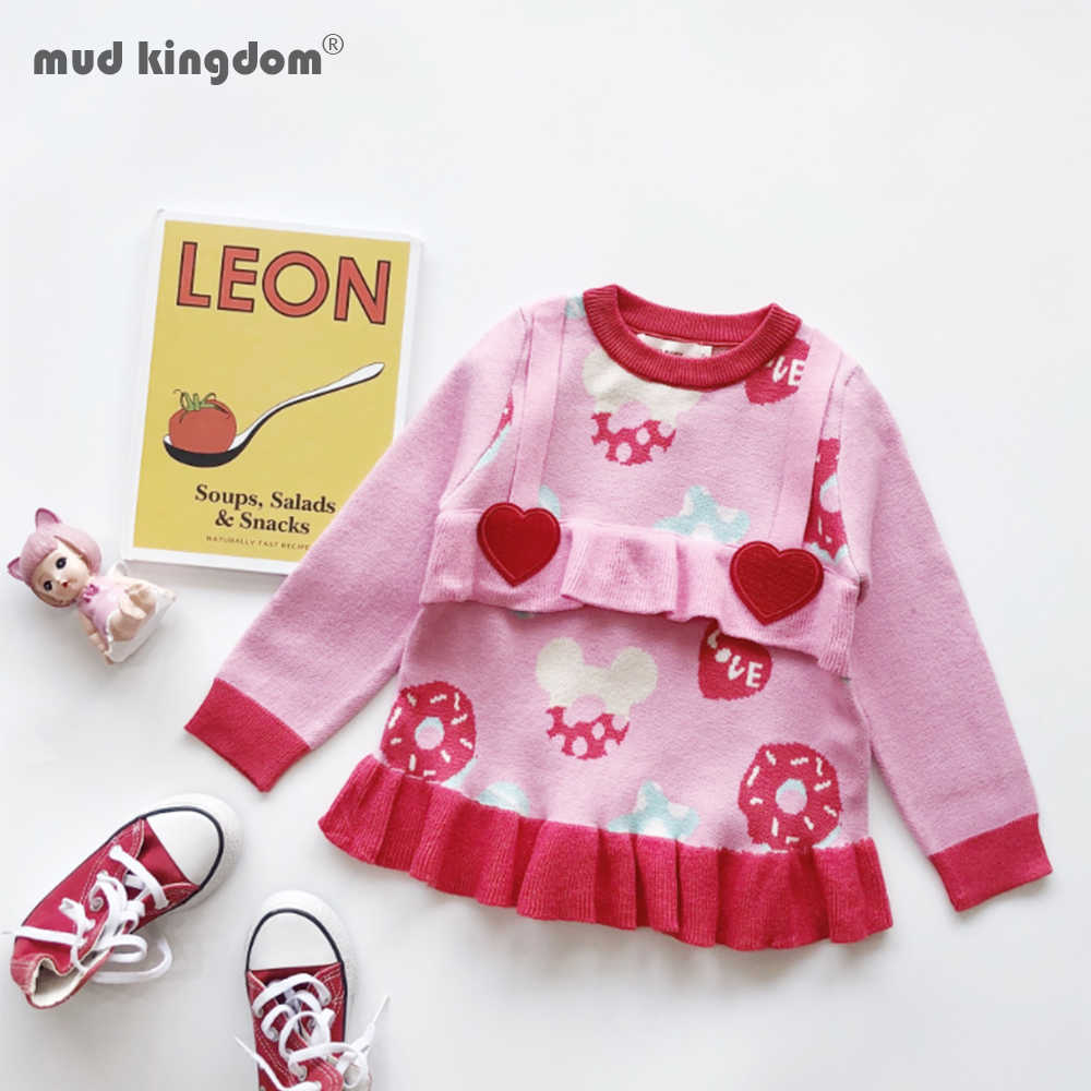 

Mudkingdom Autumn Winter Girls Heart Knitted Sweater Baby Kids Ruffle Cartoon Patternr Toddler Pullover Tops 210615, Red