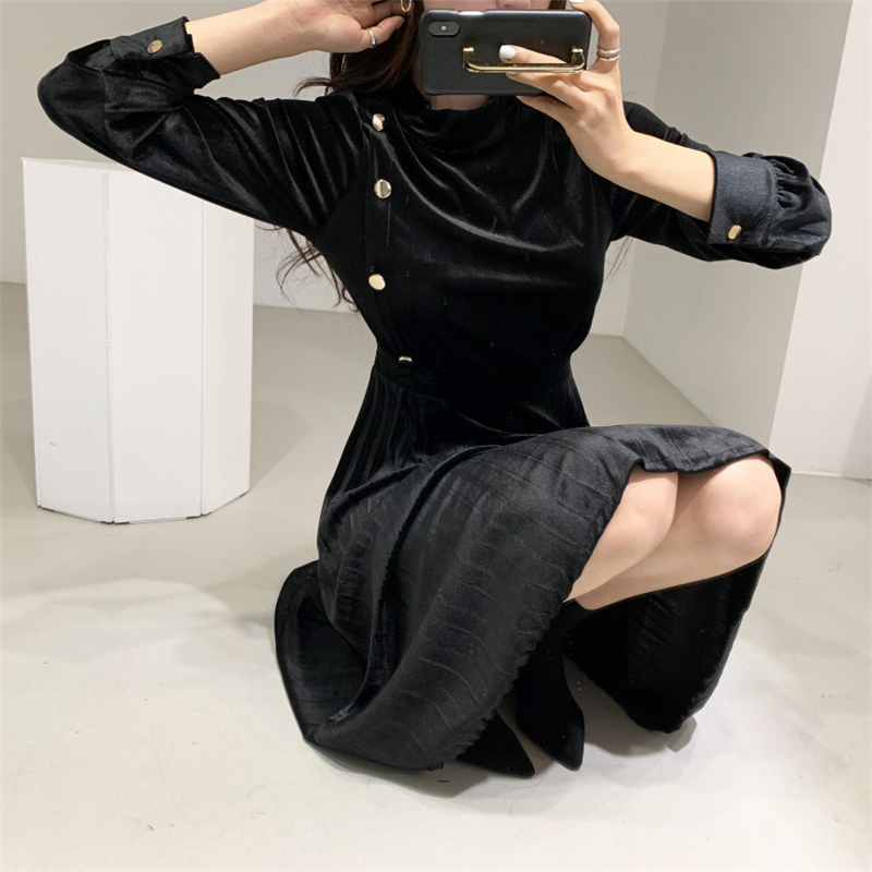 

2021hzirip 2021 retro style velvet office lady slim elegant ol work wear fashion chic high waist women long dresses, Black;gray