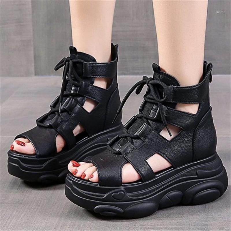 

Punk Goth Women's Black Cow Leather Sandals Gladiators Summer Ankle Boots Platform Shoes Open Toe Comfortable Dress