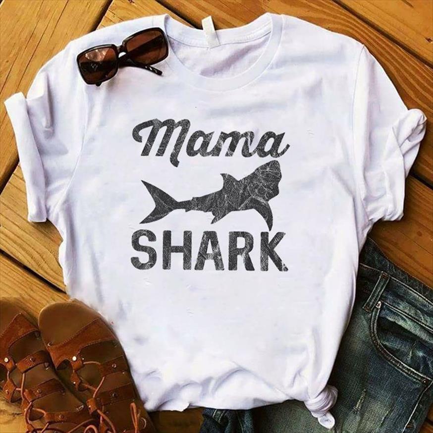 

Mama Shark Printed Womens T Shirts Short Sleeve Loose Tee Clothes Graphic, White