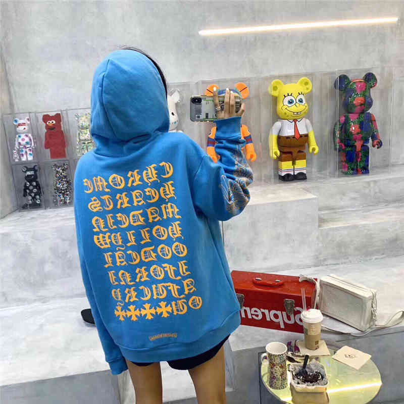 

Hearts/chrome Chao Brand Ch Cro 2021 Autumn Winter Sanskrit Cross Print Casual Loose Long Sleeve Hooded Sweater for Men and Women, Black