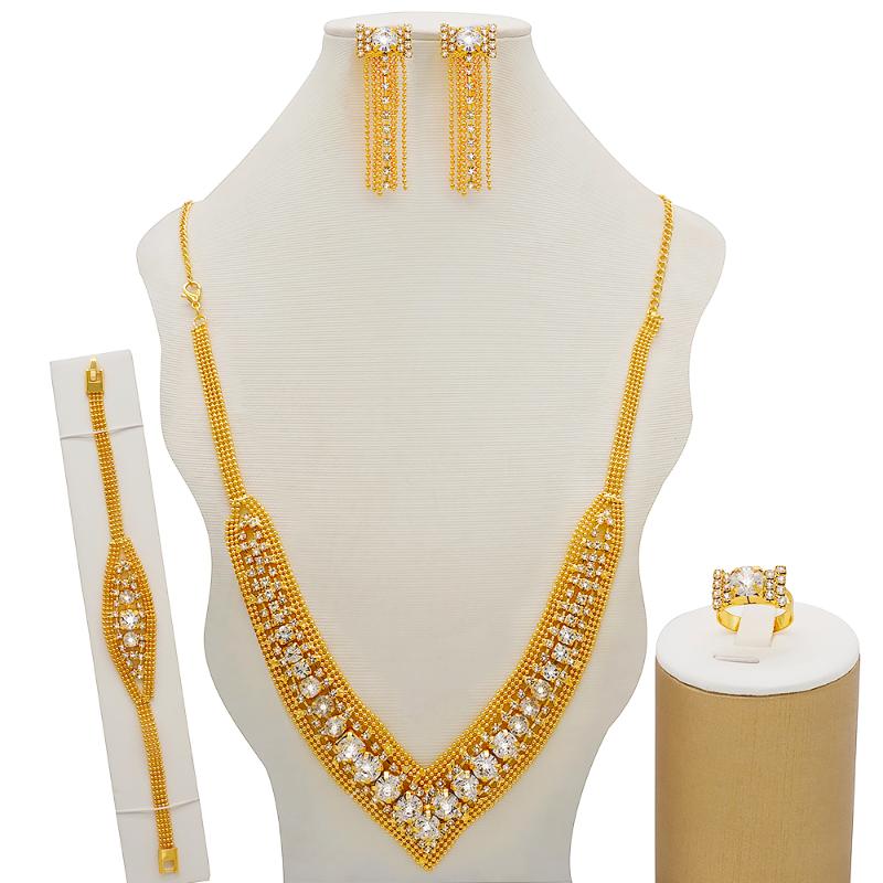 

Earrings & Necklace Latest Fashion Women Bridal Fine Crystal Bracelet Rings Sets For Wedding Party Dress Accessories, As pic