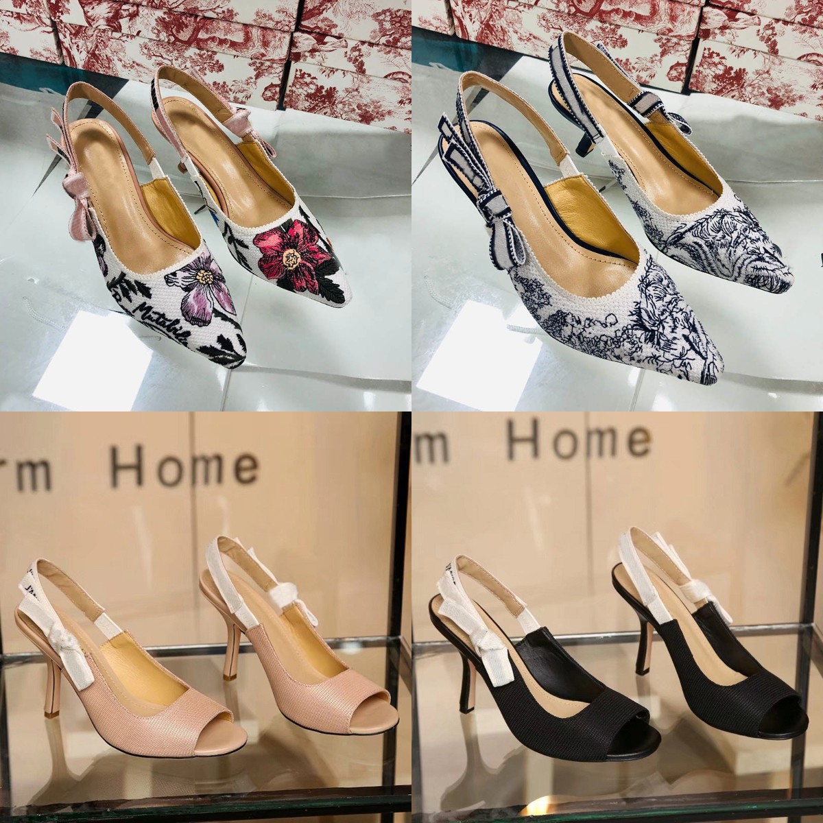

Luxury Designers Shoes Women Sandals Embroidery High Heels Nude Letter Bow knot Pointed Toe Low Heel Lady Back Strap Stylist Shoe Size35-42