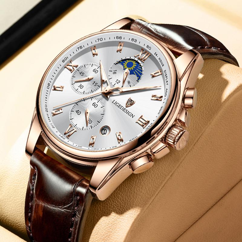

Wristwatches 2021 Men's Watches LIGE Top Wrist Watch Men Leather Quartz Sports Waterproof Male Clock Relogio Masculino+Box, Gold white