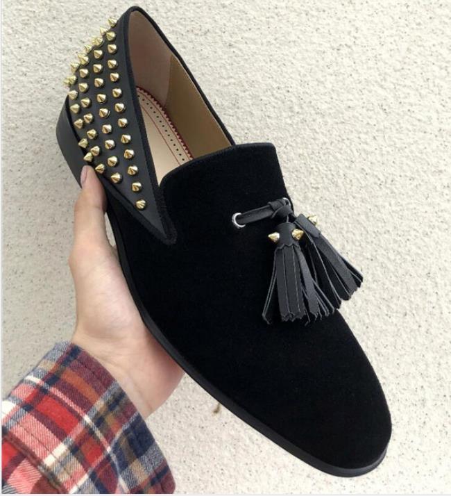 

New mens loafers shoes red bottoms black BLUE suede Patent Leather Rivets glitter fashion loafer Dress Wedding Business shoes size 39-47 C4, 07