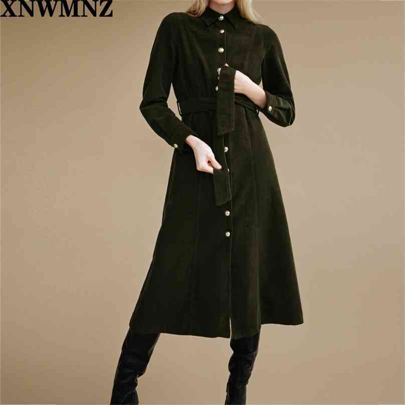 

fashion Lady Women Femal Ladies corduroy shirt dress Collared long sleeve buttoned cuffs A-line hem Belt midi 210520, Green