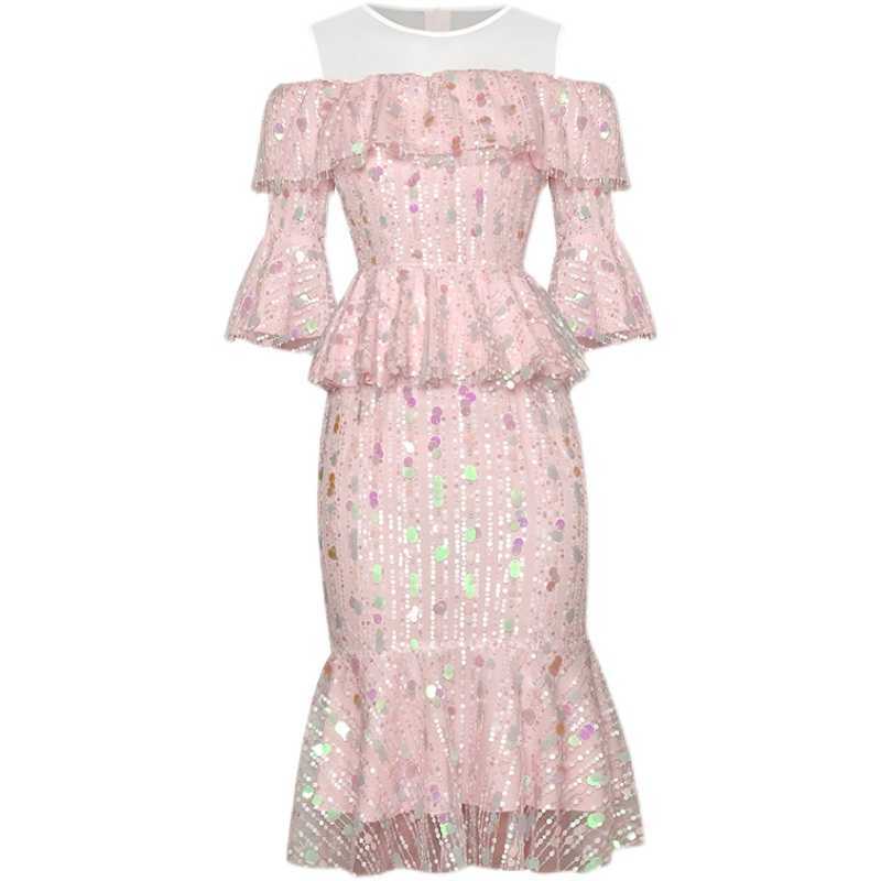

HIGH QUALITY est Designer Runway Women' Summer Fashion O'Neck Mesh Gauze Off Shoulder Ruffled Sequined Mermaid Dress 210526, Pink