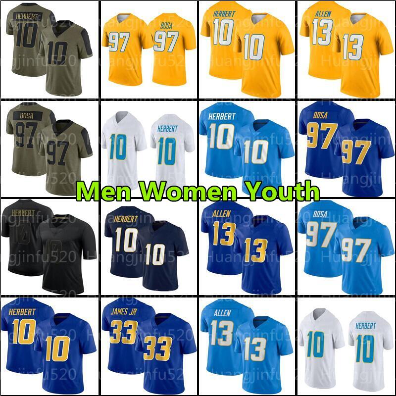 

10 Justin Herbert Football Jersey Derwin James 97 Joey Bosa Keenan 13 Allen Austin Ekeler Junior Seau LaDainian Tomlinson Asante Samuel Jr. mens women youth 30, Women jersey